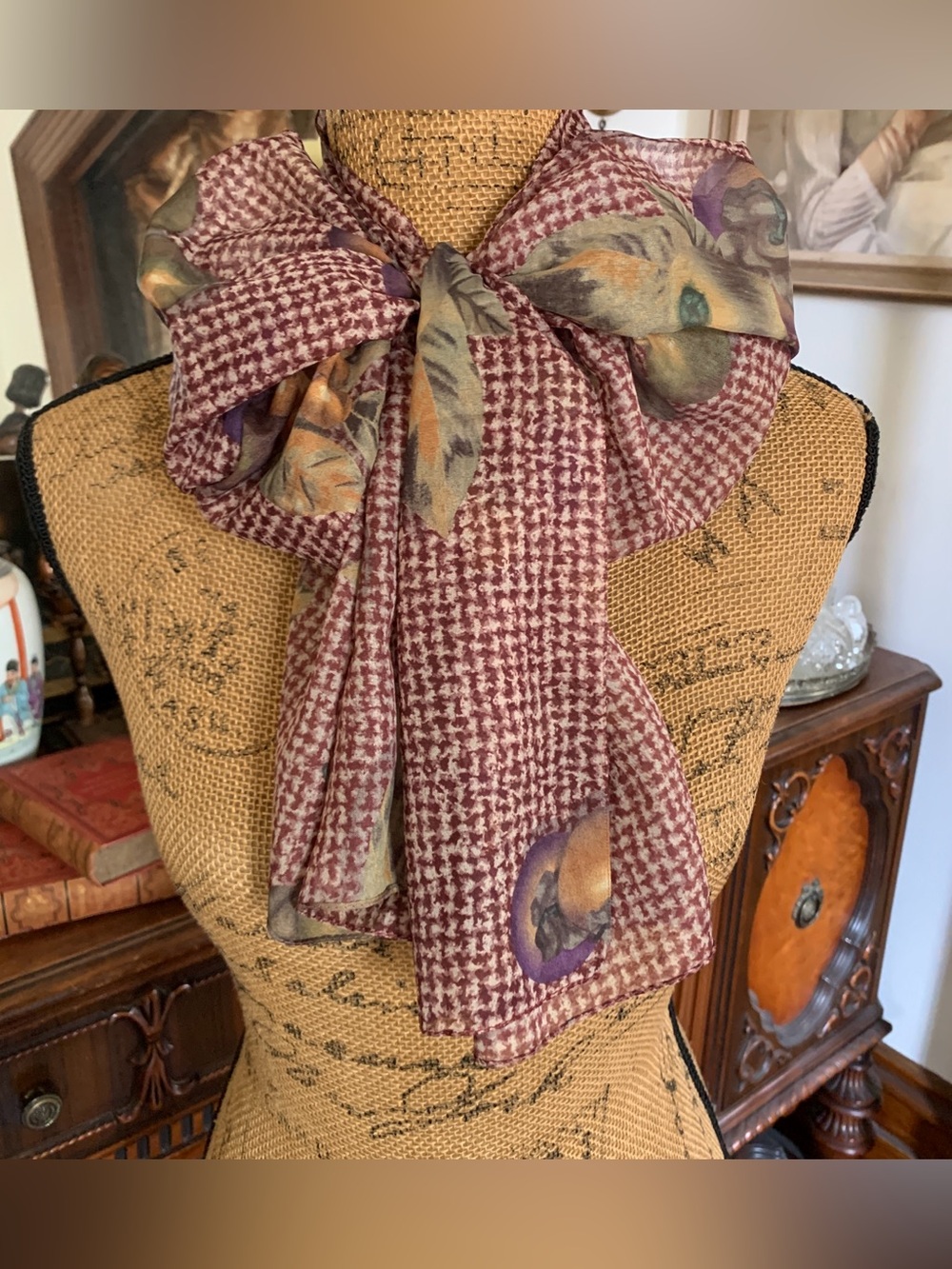 Vintage Boho Cottagecore Autumn Themed Ascot Bow-tie Cravat Neck Shawl Scarf